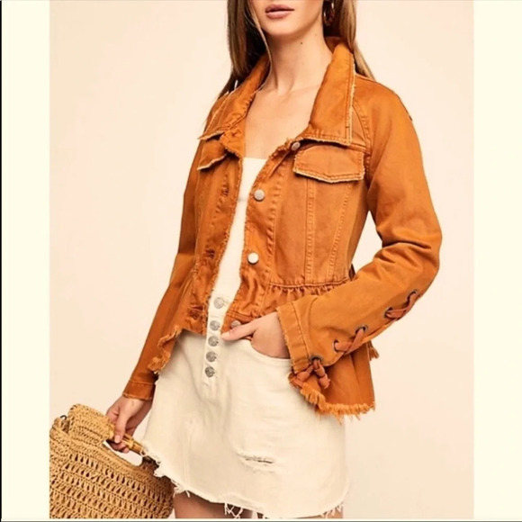 Free People Willow Denim Fringe Terra Cotta Jacket